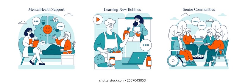 Senior Lifestyle set. Active elderly engaging in therapy, learning cooking, and social interaction. Fulfilling retirement through wellness and community. Vector illustration.