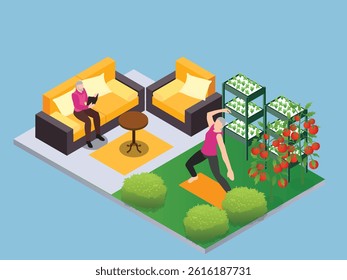 Senior Lifestyle: Yoga, Gardening, and Reading in a Relaxing Home Garden 3d flat vector illustrations