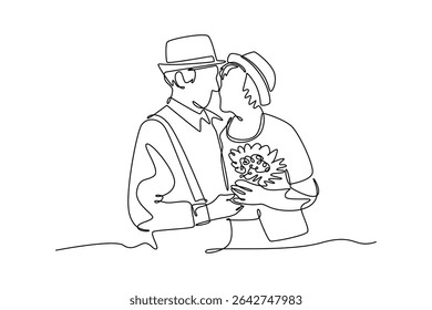 Senior love concept. Single line draw design. Vector graphic illustration