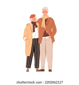 Senior love couple of elderly man and woman in modern fashion casual clothes. Old people, spouse portrait in trendy stylish fall apparel. Flat graphic vector illustration isolated on white background