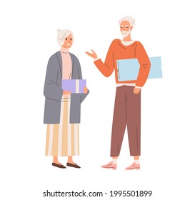 Senior love couple exchanging holiday gifts. Aged man and woman standing with presents. Grandma and granddad presenting giftboxes. Colored flat vector illustration isolated on white background