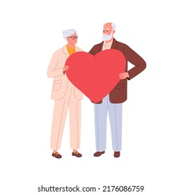 Senior love couple holding large heart in hands together. Elderly man and woman in romantic relationships. Happy old husband and wife. Flat graphic vector illustration isolated on white background