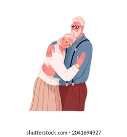 La pareja de hombres y mujeres mayores. Feliz esposo y esposa mayores abrazándose juntos. Antiguas parejas románticas abrazándose. Ilustración vectorial plana de dos amantes ancianos aislados en fondo blanco