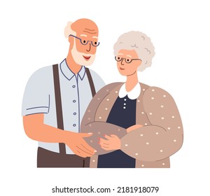 Senior Love Couple Portrait. Old Man And Woman Hug,support. Happy Aged Family, Spouse. Elderly Wife And Husband In Romantic Relationships. Flat Graphic Vector Illustration Isolated On White Background