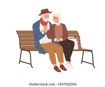 Senior Love Couple Of Two Old People Sitting On Bench Together. Happy Smiling Elderly Man And Woman Hugging And Holding Hands On Date. Colored Flat Vector Illustration Isolated On White Background