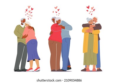 Senior Loving Couples Hug, Aged People Romantic Relations Concept. Happy Old Men or Women Embracing, Holding Hands and Hugging. Elderly Characters Dating, Love, Connection. Cartoon Vector Illustration
