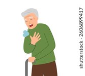 Senior ma pressing against his chest with a shortness of breath symptom in flat design on white background. Difficulty breathing.
