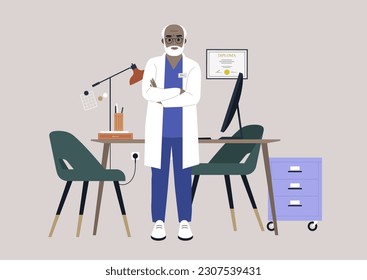 A senior male African doctor wearing a white robe in their cabinet, a medical checkup appointment