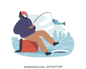 Senior Male Character, Bundled Against The Cold, Sits Patiently On The Frozen Lake, Gripping An Ice Fishing Rod