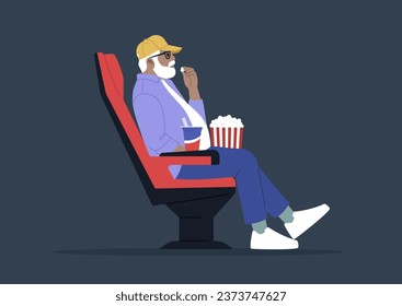 Senior male character indulging in snacks while watching a movie at the cinema, capturing the essence of entertainment
