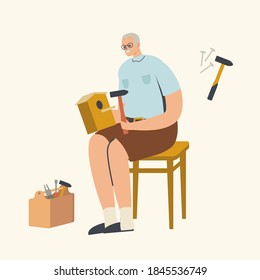 Senior Male Character Making Birdhouse. Grandfather Sitting on Stool Make House for Birds of Wood Using Carpentry Instruments. Aged Man Hobby, Leisure Activity. Linear People Vector Illustration