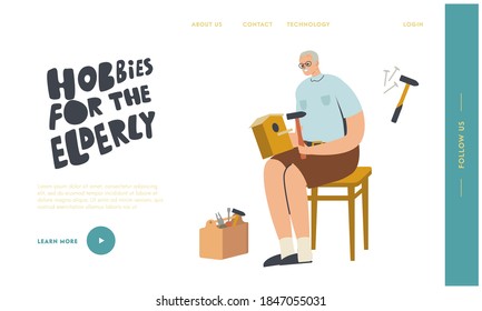 Senior Male Character Making Birdhouse Landing Page Template. Grandfather Make House for Birds of Wood Using Carpentry Instruments. Aged Man Hobby, Leisure Activity. Linear People Vector Illustration