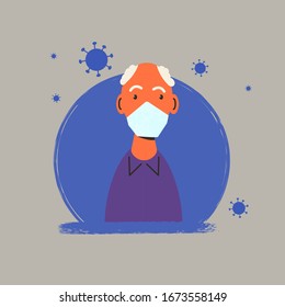 Senior male character protectind from coronavirus or flu. Old man in white medical face mask icon. Patient in prevention mask. 2019-nCoV quarantine. Pandemic of corona virus. Vector flat illustration.