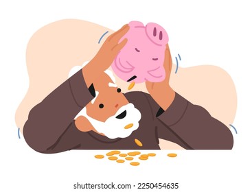 Senior Male Character Shaking Piggy Bank with Coins Falling Down on Desk. Money Savings, Stash, Poverty or Pension Budget Concept with Poor Old Man and Pig Moneybox. Cartoon People Vector Illustration