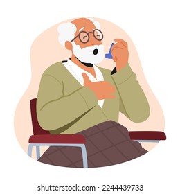 Senior Male Character Suffer of Asthma Use Inhaler to Relief Symptoms of Respiratory Disease. Elderly People Health Care Concept, Aged Man Chronic Illness Treatment. Cartoon Vector Illustration