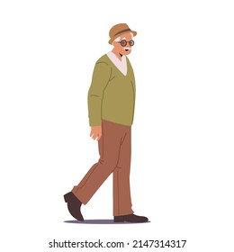 Senior Male Character Walking, Aged Passerby Wear Glasses and Hat Walk on City Street Isolated on White Background. Elderly Man Activity, Promenade Recreation. Cartoon People Vector Illustration