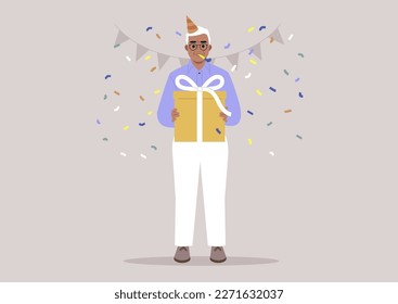 A senior male character wearing a party cone hat, a birthday celebration, confetti and garlands hanging