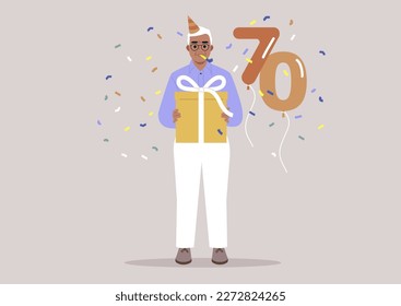 A senior male character wearing a party cone hat, a birthday celebration, confetti and garlands hanging, 70 years old