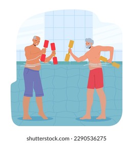 Los Personajes Masculinos De Edad Ejercen Alegremente En El Refrescamiento Del Agua Durante Una Clase De Aerobic Aqua, Aprovechando Los Beneficios De Los Ejercicios Mientras Disfrutan De La Interacción Con Sus Compañeros. Ilustración de vectores de personas de caricatura