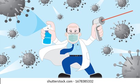 Senior male doctor fight covid-19 corona virus attack around surround by medical alcohol spray, digital thermometer, Surgical mask to protect