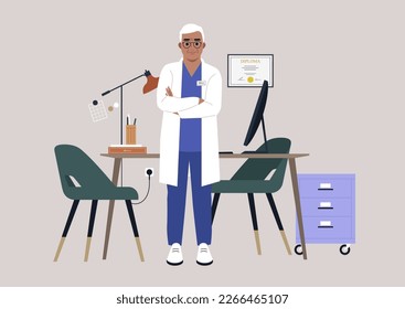 A senior male doctor wearing a white robe in their cabinet, a medical checkup appointment