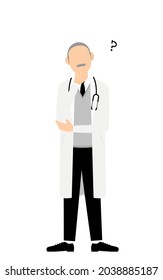 Senior male doctor in white coat pose with crossed arms and questioning