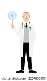 Senior male doctor in white coat holding circle stick, answer pose