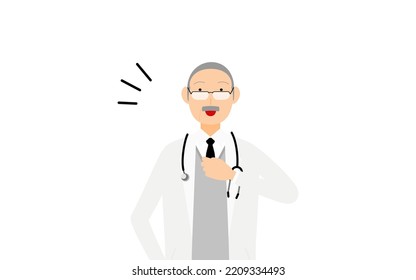 Senior male doctor in white coat clapping his chest, pose of safety and trust