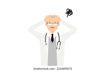 Senior male doctor in white coat holding head, pose of annoyance