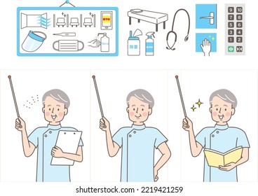 Senior male doctor's facial expression vector illustration set