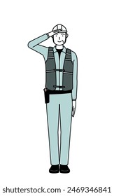 Senior male engineer in helmet and work wear making a salute, Vector Illustration