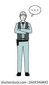 Senior male engineer in helmet and work wear with crossed arms, deep in thought, Vector Illustration