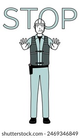 Senior male engineer in helmet and work wear with his hands out in front of his body, signaling a stop, Vector Illustration