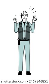 Senior male engineer in helmet and work wear taking security measures for his phone, Vector Illustration