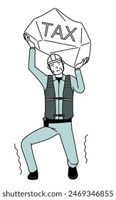 Senior male engineer in helmet and work wear suffering from tax increases, Vector Illustration