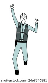 Senior male engineer in helmet and work wear smiling and jumping, Vector Illustration