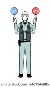 Senior male engineer in helmet and work wear holding a placard indicating correct and incorrect answers, Vector Illustration