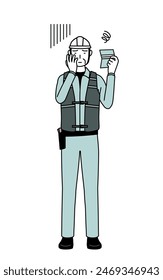 Senior male engineer in helmet and work wear looking at his bankbook and feeling depressed, Vector Illustration