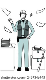 Senior männlicher Ingenieur für Helm und Arbeitskleidung, der genug hat von seinem unorganisierten Geschäft, Vektorillustration