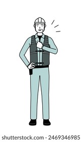 Senior male engineer in helmet and work wear tapping his chest, Vector Illustration