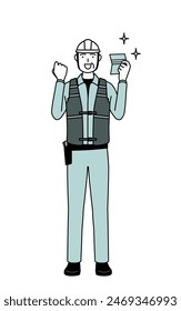 Senior männlicher Ingenieur in Helm und Arbeitskleidung, der sich freut, ein Bankbuch zu sehen, Vektorillustration