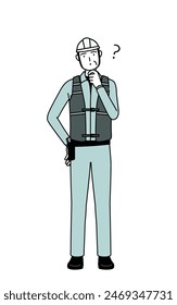 Senior male engineer in helmet and work wear nodding his head in question, Vector Illustration