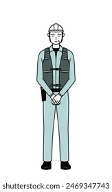 Senior male engineer in helmet and work wear bowing with folded hands, Vector Illustration