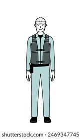 Senior male engineer in helmet and work wear with a smile facing forward, Vector Illustration