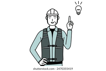 Senior male engineer in helmet and work wear coming up with an idea, Vector Illustration