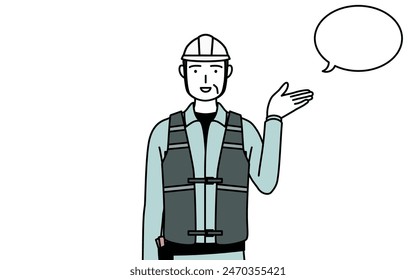 Senior male engineer in helmet and work wear giving directions, with a wipeout, Vector Illustration