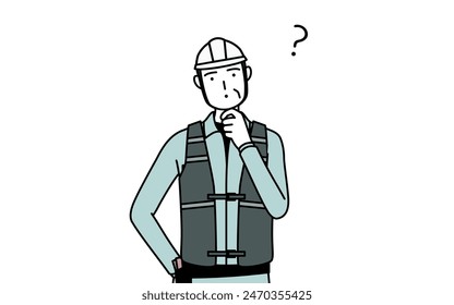 Senior male engineer in helmet and work wear nodding his head in question, Vector Illustration