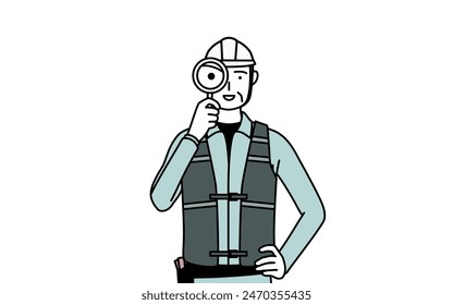 Senior male engineer in helmet and work wear looking through magnifying glasses, Vector Illustration