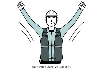 Senior male engineer in helmet and work wear doing radio calisthenics, preparation for accident prevention, Vector Illustration