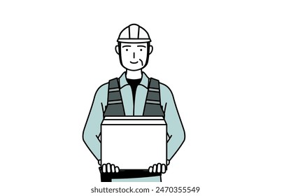 Senior male engineer in helmet and work wear working to carry cardboard boxes, Vector Illustration